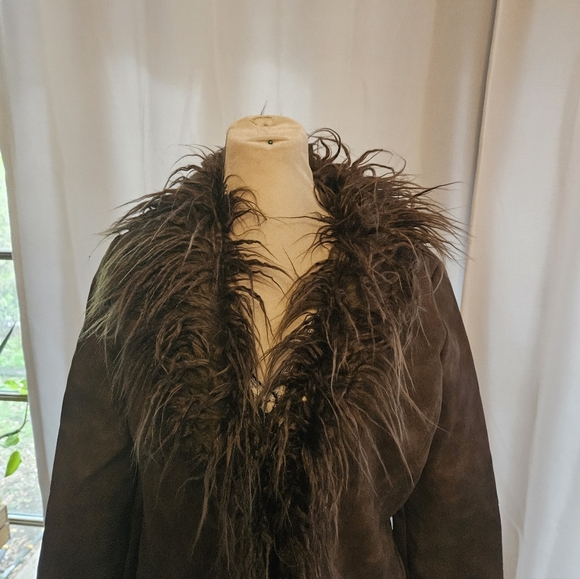 Brown Faux-Suede Feather-Trim Long Coat Bailey Rose Medium Y2K 70s Style - Picture 2 of 5